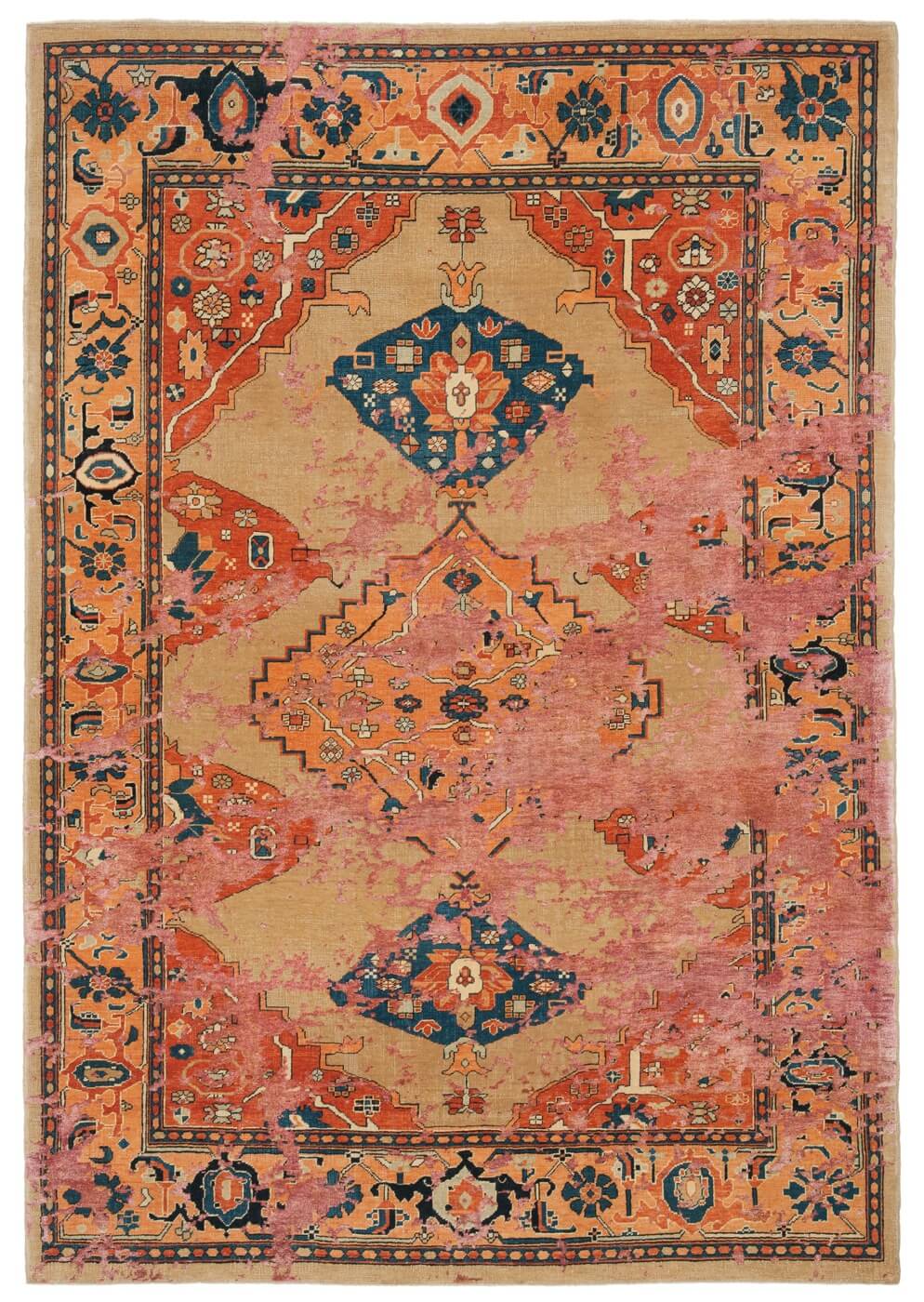 Tapis Serapi Kingsbury Sky jaune rose en soie | Taille: 300 × 400 cm
