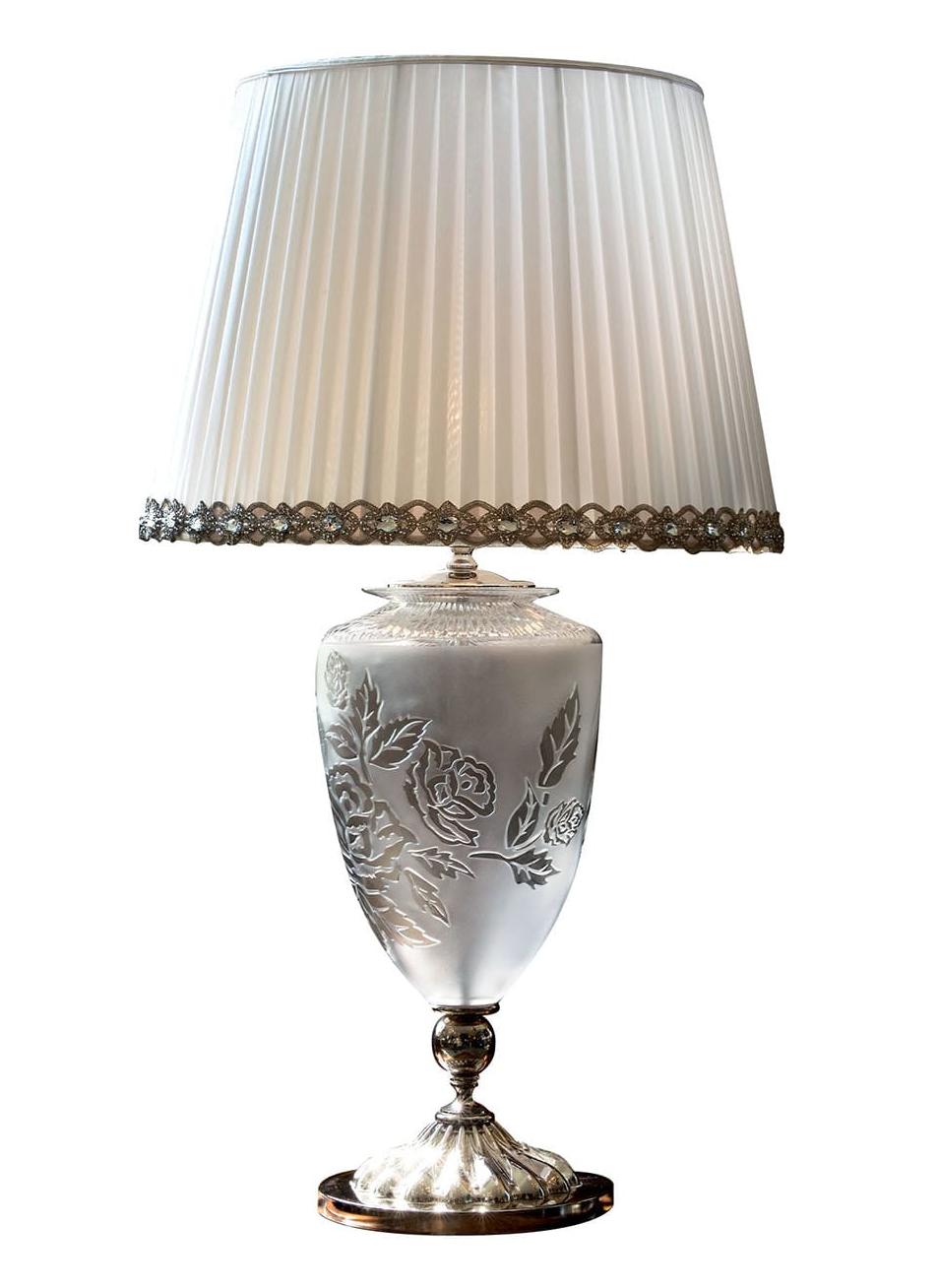 Lampe de table en nickel poli avec cristal sculpté de fleurs