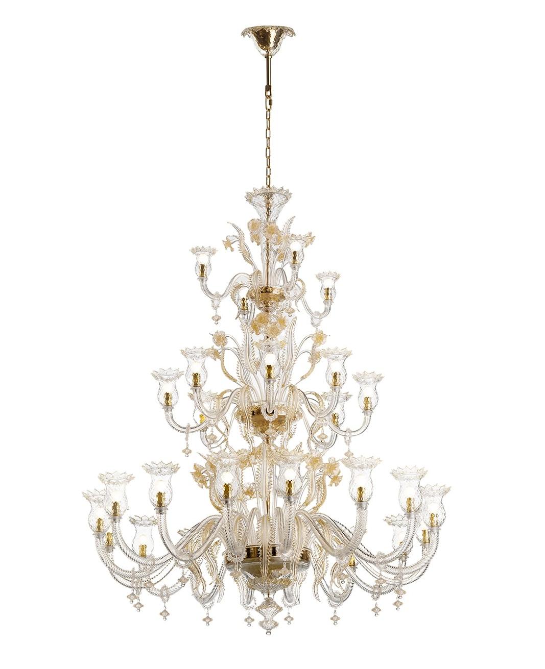 Lustre Murano 28 lumières 3 niveaux en or 24 carats