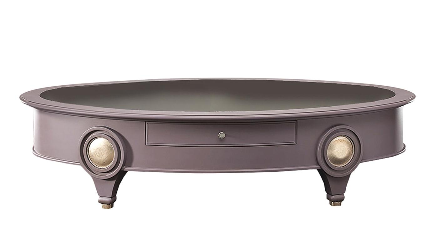 Table basse ovale basse avec plateau en miroir fumé