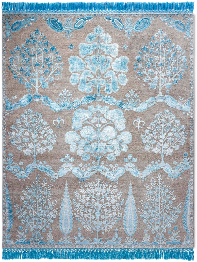 Tapis de luxe fait main Mughal bleu gris