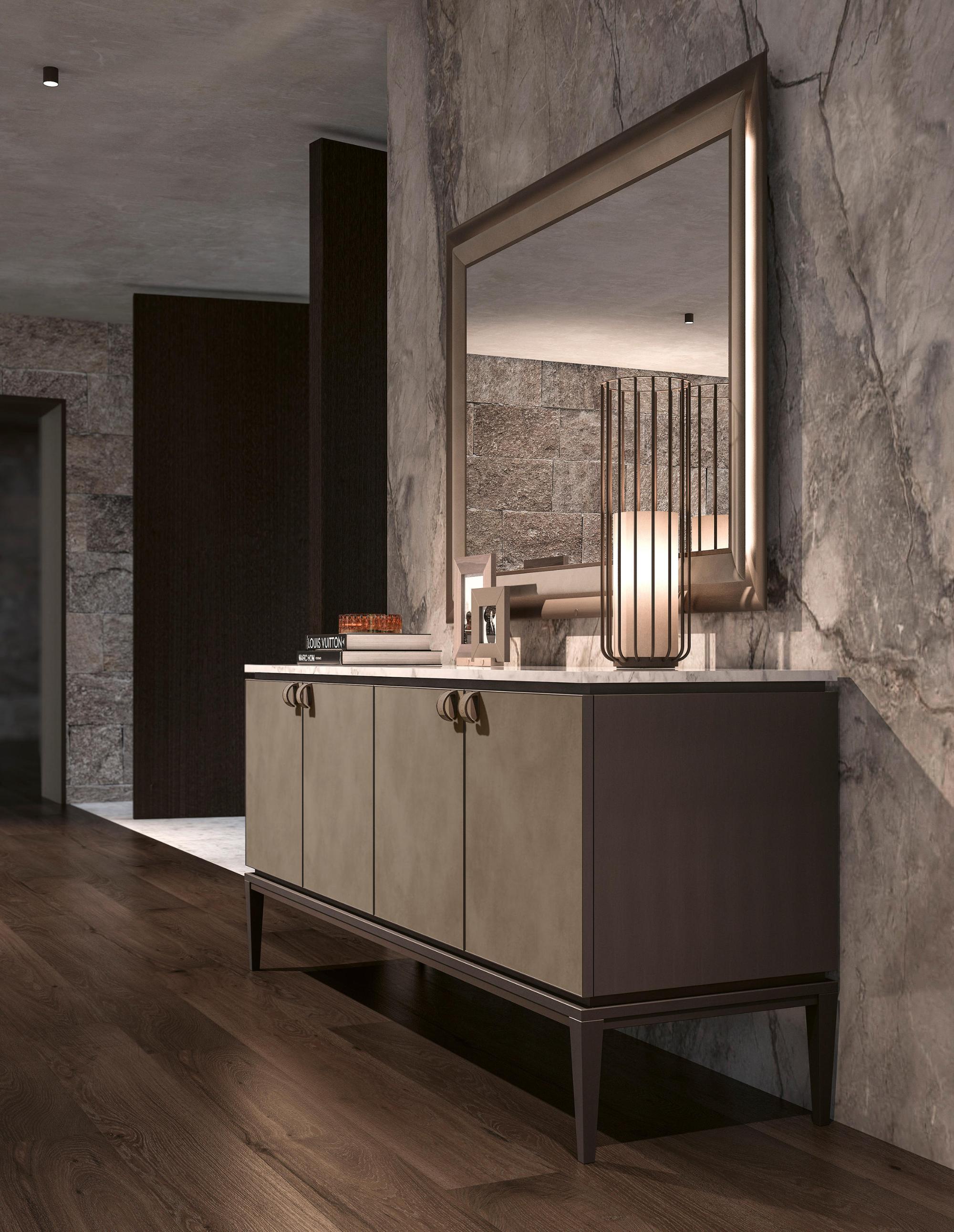 Buffet avec plateau en marbre et portes en cuir