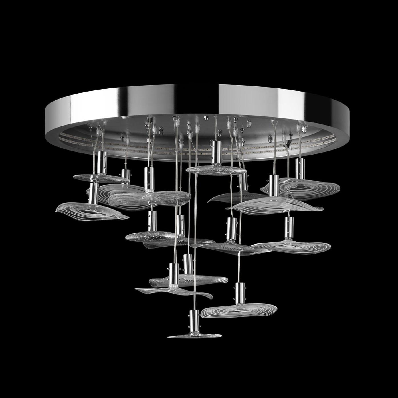 Ronde chroom kroonluchter met Murano glas