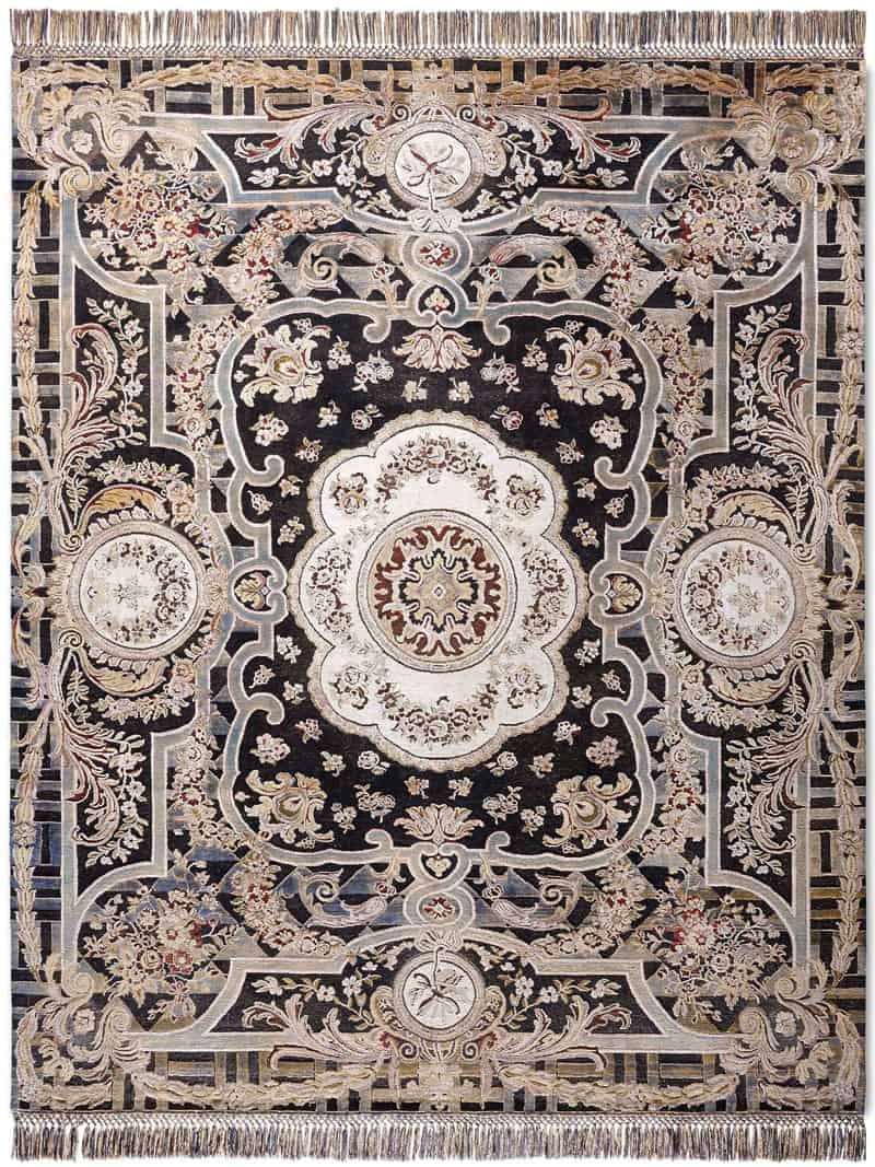 Tapis tissé main Aubusson noir | Taille: 365 × 457 cm