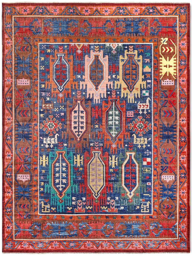 Tapis de luxe fait main Flatweave bleu rouge | Taille: 250 × 300 cm