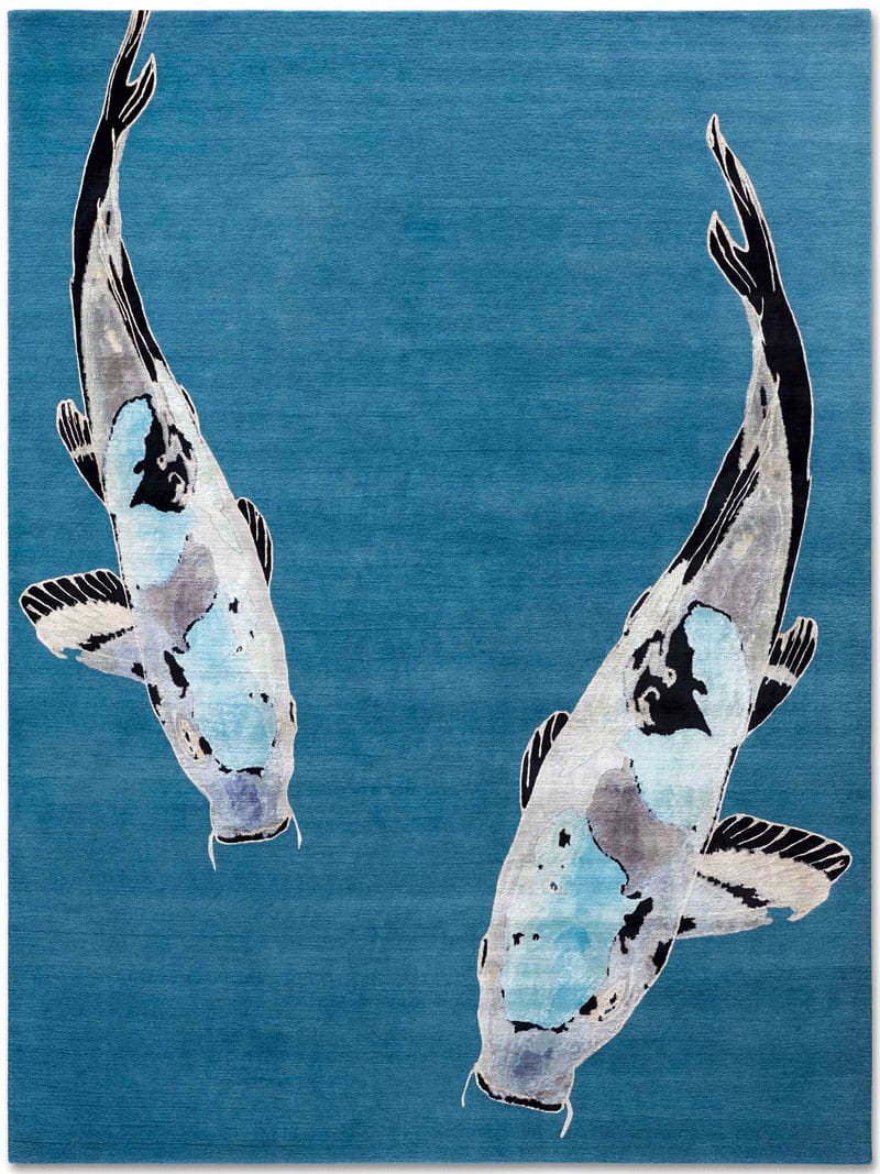 Tapis de luxe noué à la main Fish bleu sur turquoise