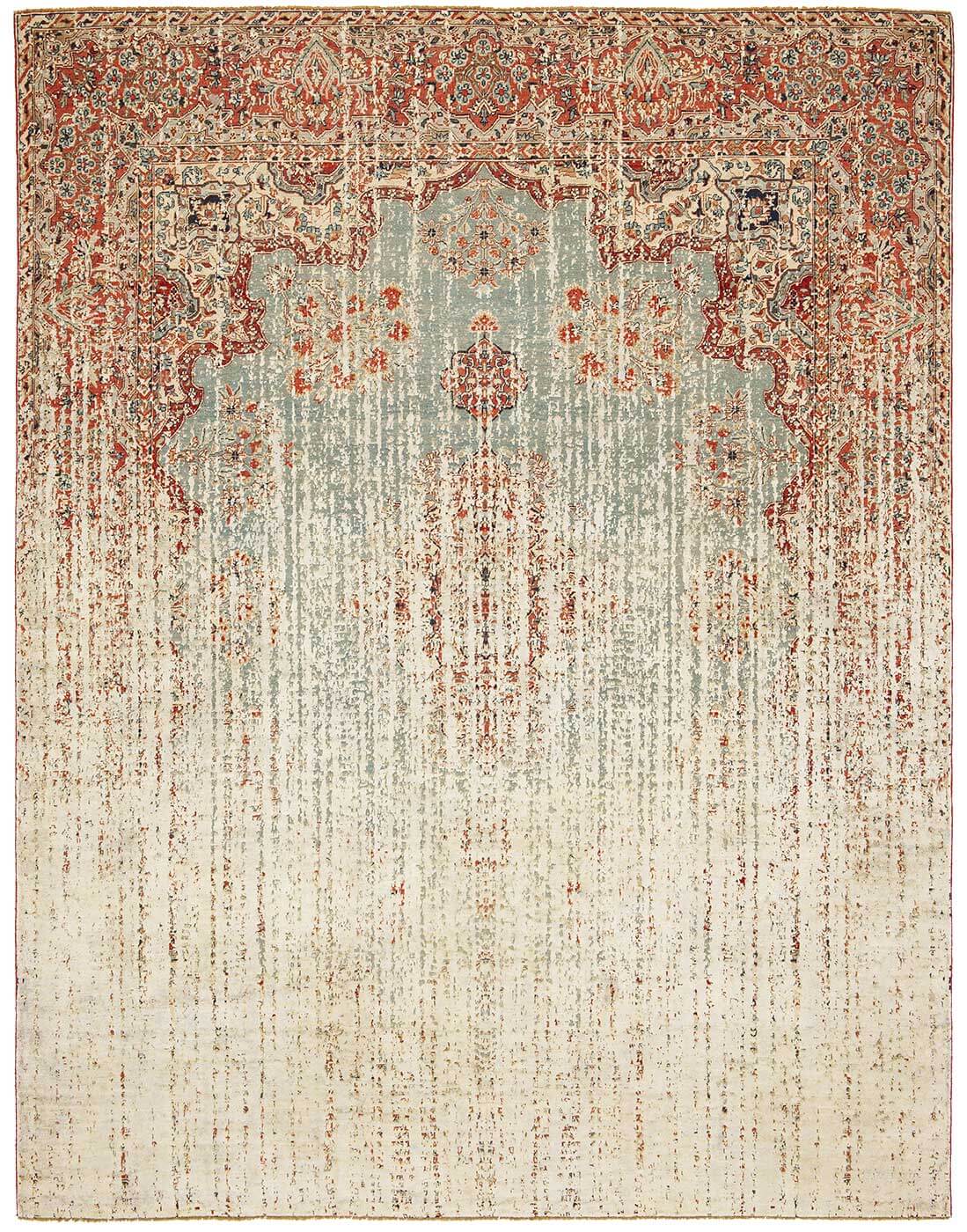 Tapis Kirman Robson Vendetta bleu gris argenté en soie | Taille: 250 × 300 cm