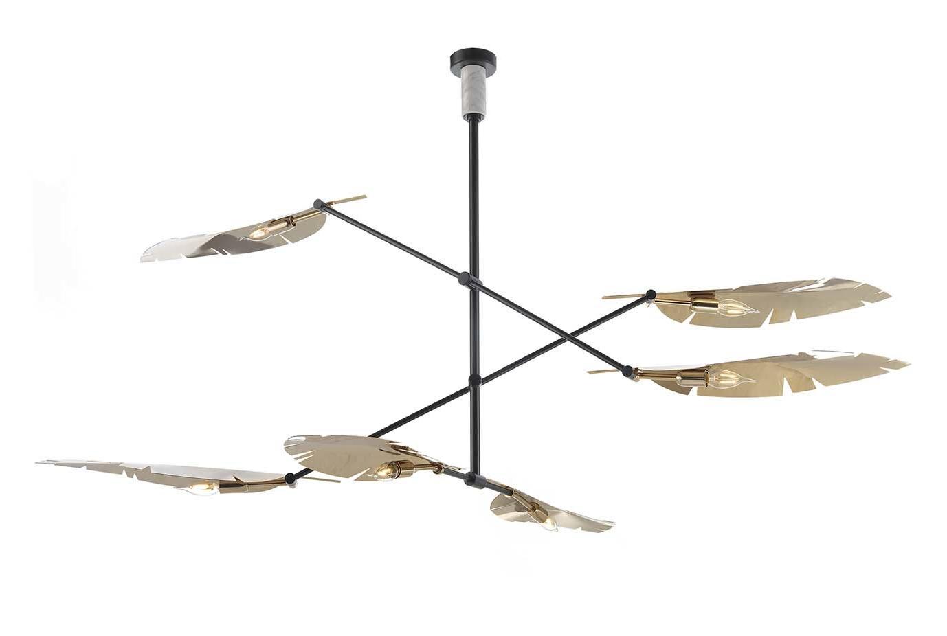 Lustre feuilles en or doux et noir avec marbre de Carrare