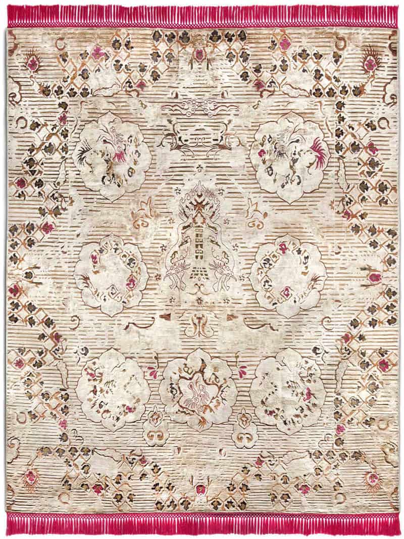 Tapis noué à la main Dragon rose beige | Taille: 274 × 365 cm