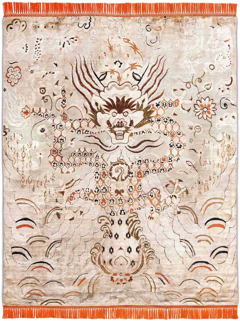 Dragon oranje crème handgeknoopt tapijt | Maat: 274 × 365 cm