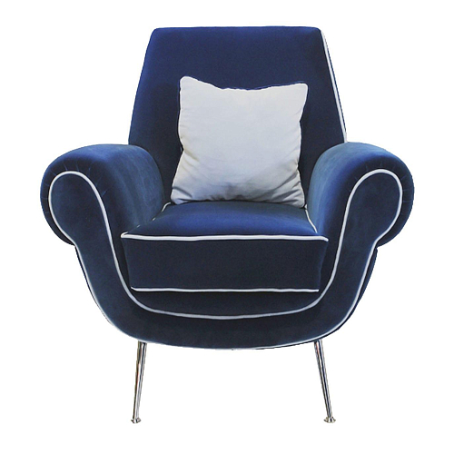Fauteuil in donkerblauw fluweel met metalen onderstel