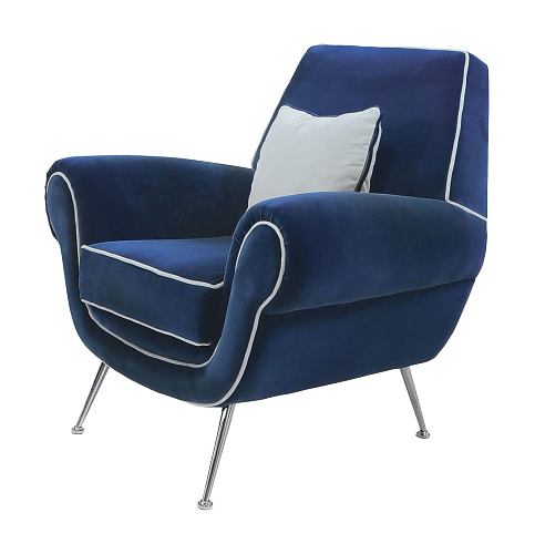 Fauteuil in donkerblauw fluweel met metalen onderstel