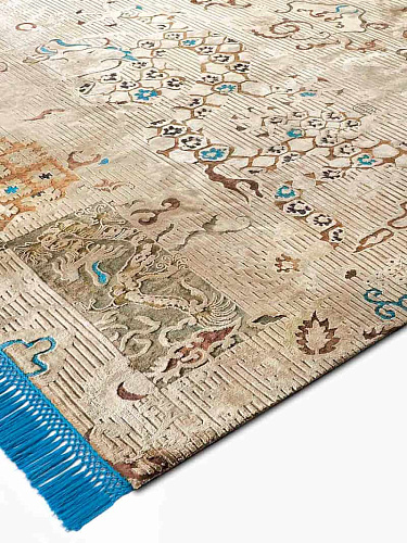 Dragon blauw beige handgeknoopt vloerkleed