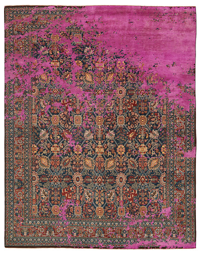 Tabriz Canal Rocked marineblauw neonroze zijden vloerkleed
