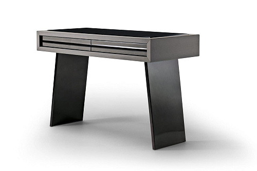 Gestructureerd elegantie bureau met zwart glazen blad en metalen poten