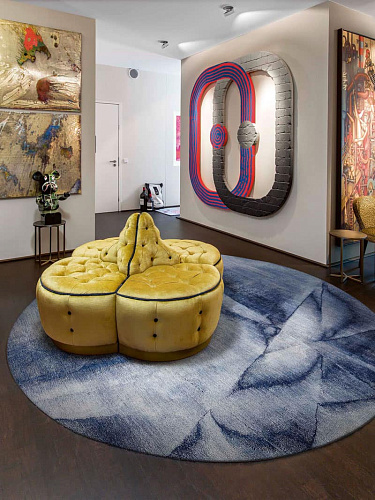 Tapis rond noué à la main bleu marine