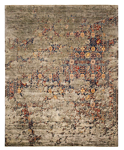 Tabriz Canal Aerial marineblauw donkergrijs zijden vloerkleed