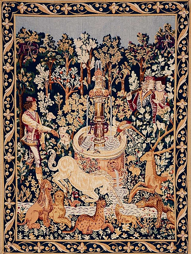 Tapisserie murale Licorne à la fontaine avec bordure