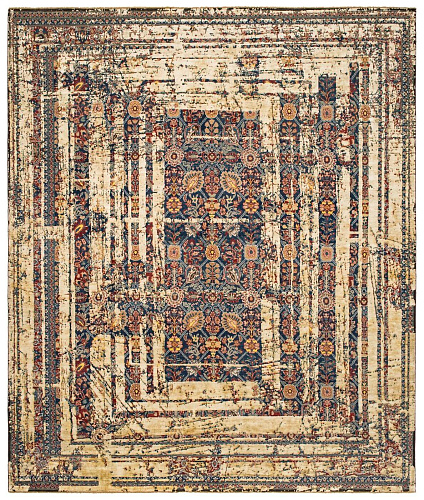 Tabriz Canal Frame marineblauw gebroken wit zijden vloerkleed