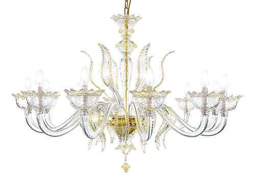 Elegante Murano kroonluchter met 12 lichtpunten en gouden afwerking