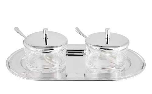 Zilveren jam potjes duo met serveerdienblad