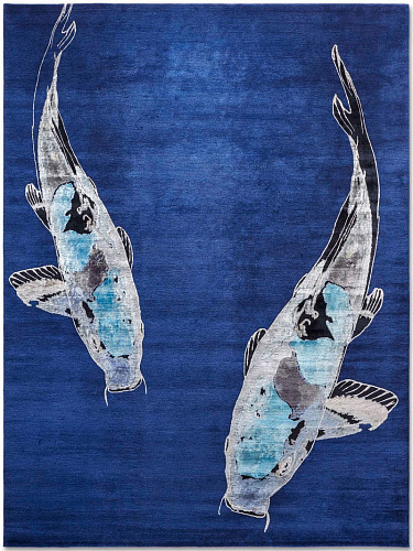 Tapis de luxe noué à la main Fish bleu