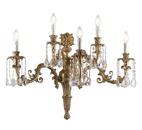Barokke messing wandlamp met kristallen hangers