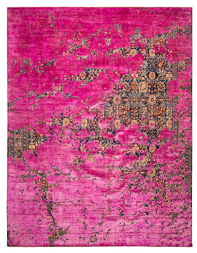 Tapis Tabriz Canal Aerial bleu marine rose néon en soie