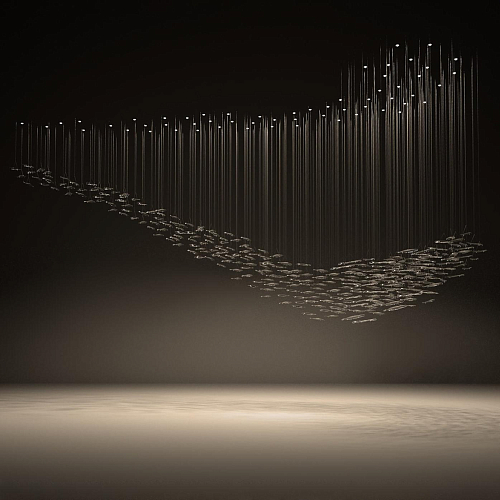 Lustre cascade en feuilles de verre