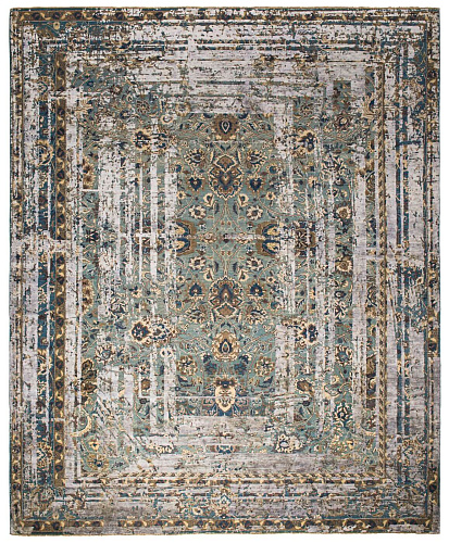 Kirman Flower Frame groen donkergrijs zijden vloerkleed