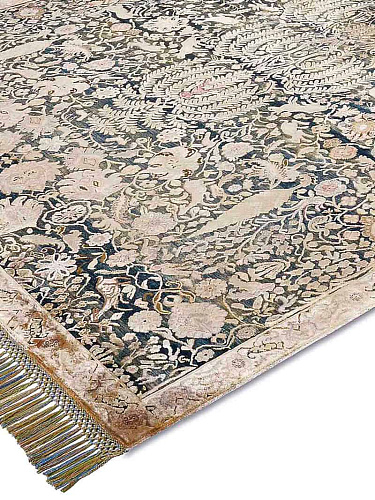 Goud blauw handgemaakt luxe vloerkleed