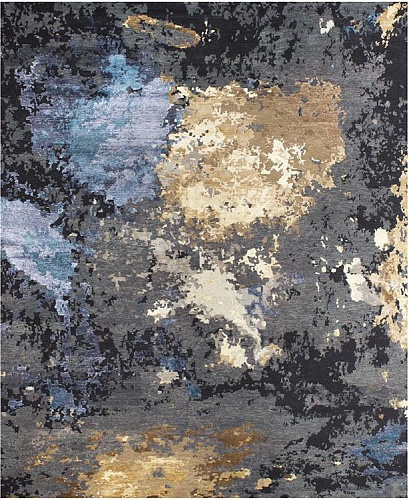 Abstract charcoal blauw goud vloerkleed