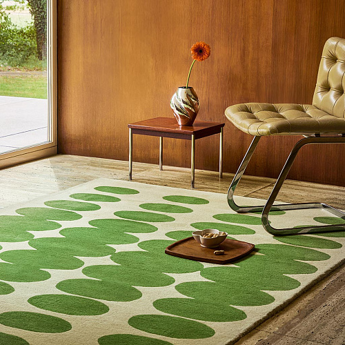Optical Oval groen crème handgemaakt vloerkleed