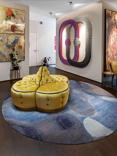 Tapis de luxe fait main rond bleu gris